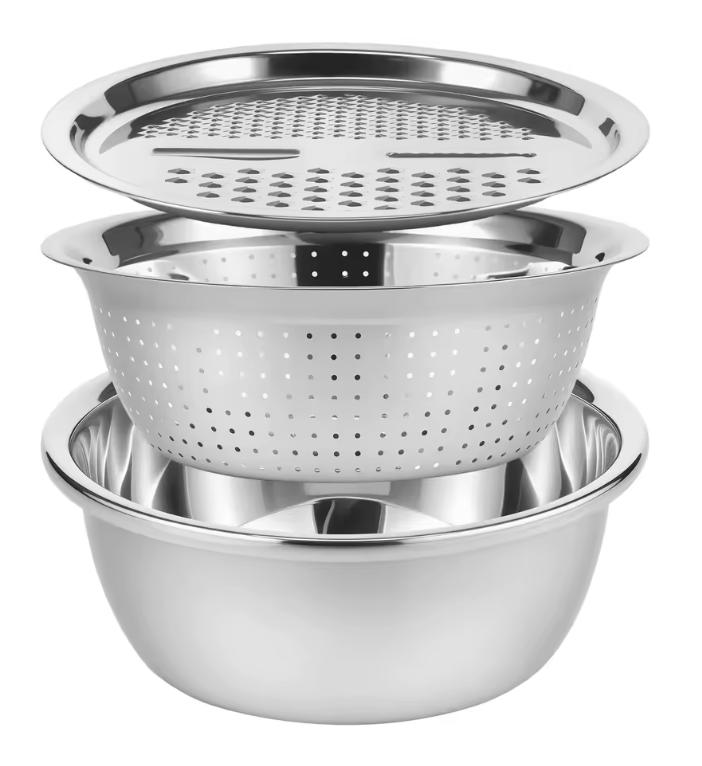 Ensemble de Bassins Multifonction 3 en 1 en Acier Inoxydable | Passoire, Bol & Râpe Empilables