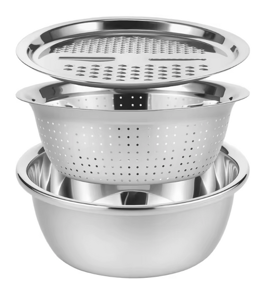 Ensemble de Bassins Multifonction 3 en 1 en Acier Inoxydable | Passoire, Bol & Râpe Empilables