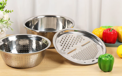 Ensemble de Bassins Multifonction 3 en 1 en Acier Inoxydable | Passoire, Bol & Râpe Empilables