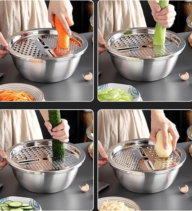 Ensemble de Bassins Multifonction 3 en 1 en Acier Inoxydable | Passoire, Bol & Râpe Empilables