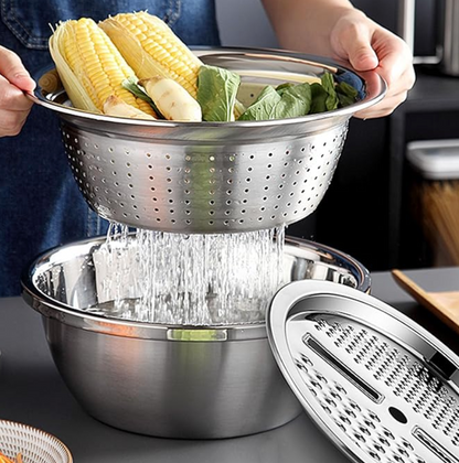 Ensemble de Bassins Multifonction 3 en 1 en Acier Inoxydable | Passoire, Bol & Râpe Empilables