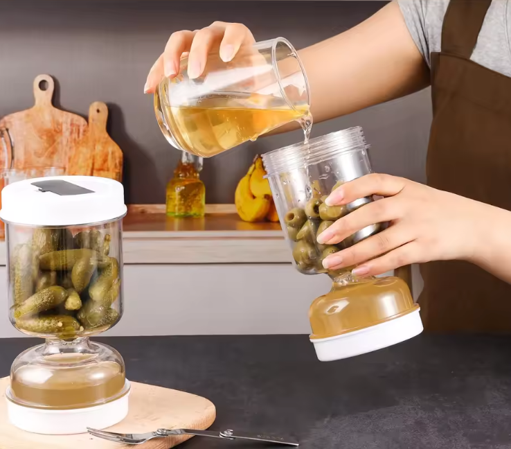Bocal à Cornichons & Olives avec Passoire Intégrée | Pot Hermétique en Sablier 1L | Récipient de Conservation Alimentaire