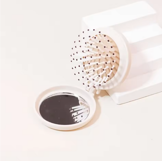 Mini Brosse & Miroir de Voyage Pliable | Massage Cuir Chevelu & Peigne Anti-Statique